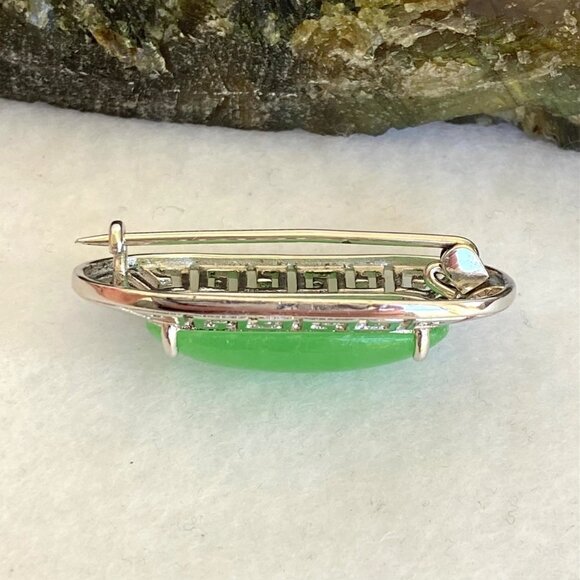Sterling Silver 925 Oval Green Stone Greek Key Cut Out Brooch - Picture 5 of 16
